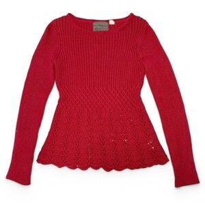 Red knit wool blend top with scalloped hem and long sleeves